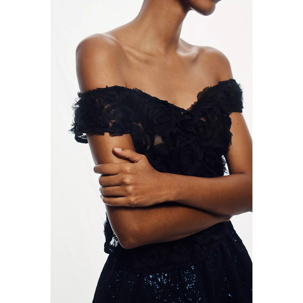 Maeve Anthropologie Rosette Off Shoulder Black Floral Mesh Top XXS NWT Party